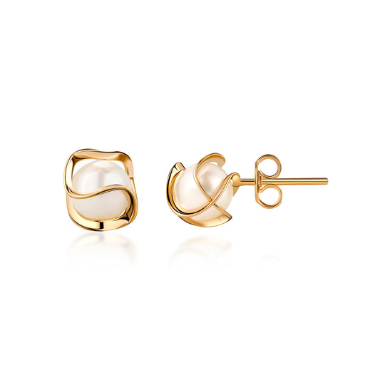 18K Gold Plated Caged Pearl Stud Earrings, 6MM