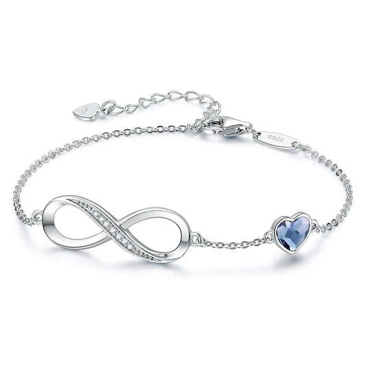 Heart Birthstone Charm Link Bracelet for Women 925 Sterling Silver Adjustable Mother's Day Gift Anniversary Birthday Jewelry for Wife Girlfriend Her