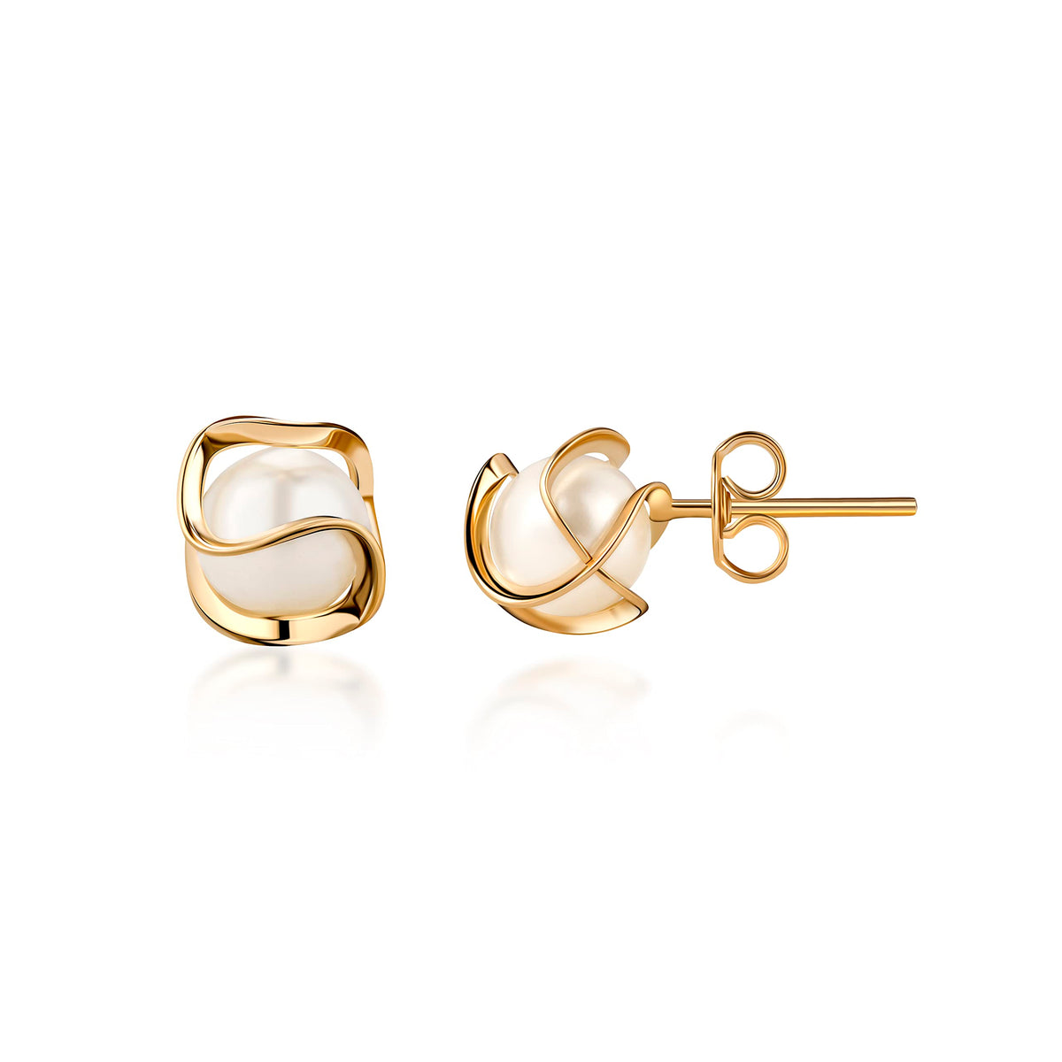 18K Gold Plated Caged Pearl Stud Earrings, 6MM