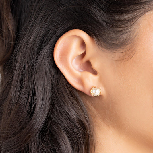 18K Gold Plated Caged Pearl Stud Earrings, 6MM